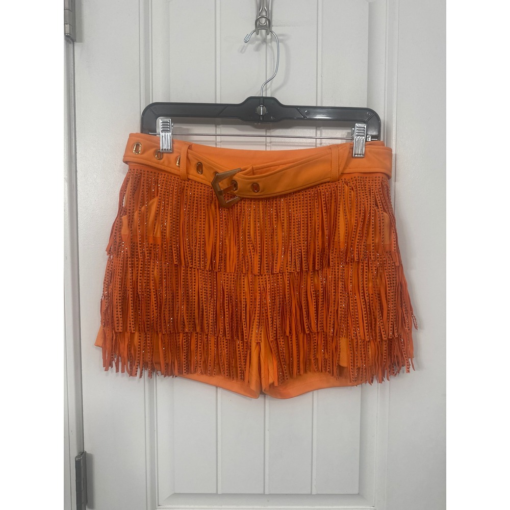 Cloud Ten Orange Rhinestone Fringe Belted Festival Shorts Womens Large TN Vols